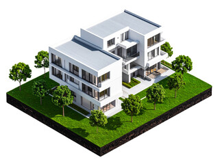 Apartment Building on a Green Landscape with Trees, Transparent  