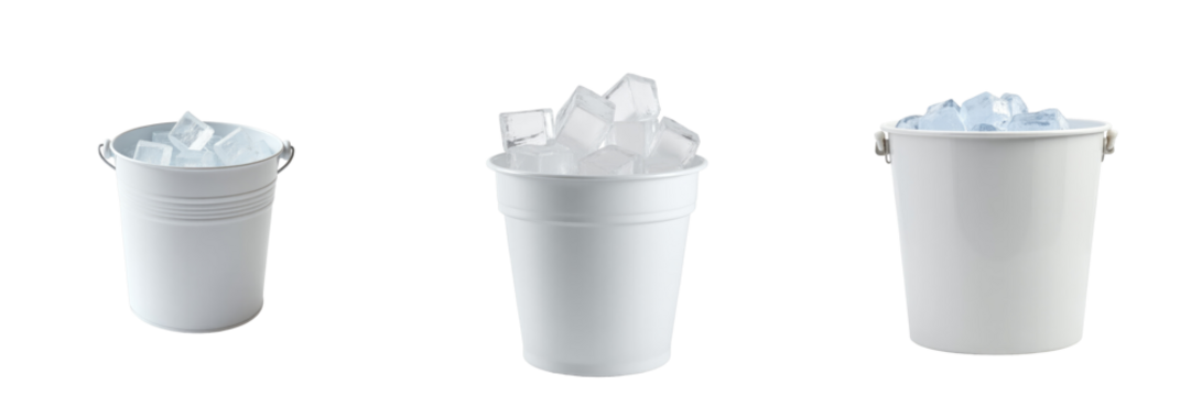 three white ice buckets filled with different amounts of ice cubes isolated on a transparent background for product presentation or advertising purposes