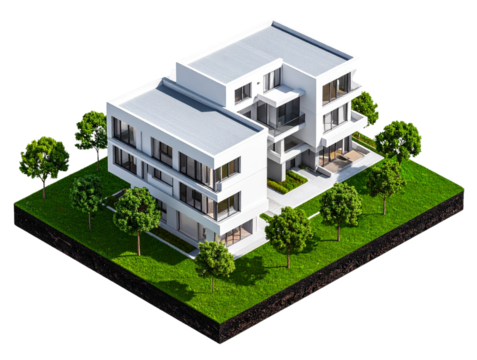 Apartment Building on a Green Landscape with Trees, Transparent  