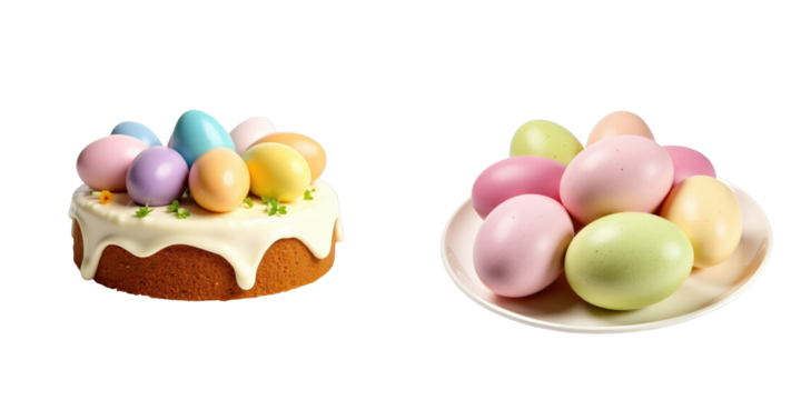 Easter cake topped with colorful decorative eggs alongside a plate filled with pastel-colored Easter eggs on a transparent background - Powered by Adobe