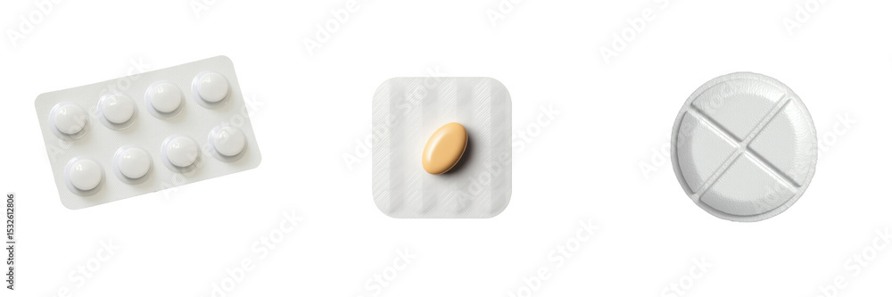 Poster variety of tablets in different packaging styles on transparent background including blister pack si