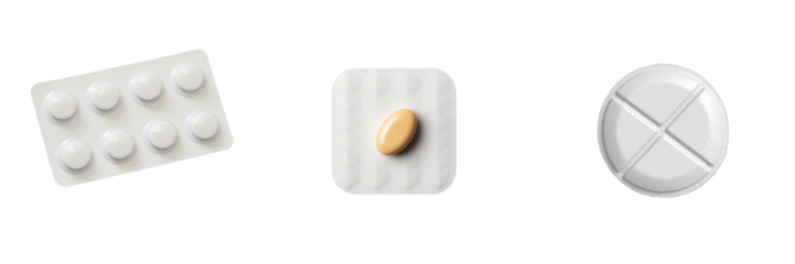 variety of tablets in different packaging styles on transparent background including blister pack single pill and segmented tablet all isolated on transparent background