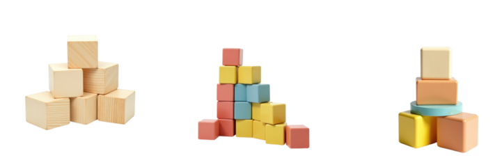 Children's wooden stacking blocks arranged in various formations, isolated on a transparent background, showcasing colorful and natural wood textures