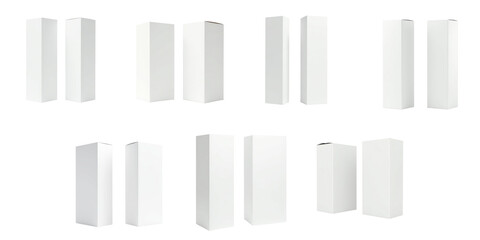 Set of tall transparent packaging boxes in various positions including side and front views isolated on a transparent background with clipping path options for design use.