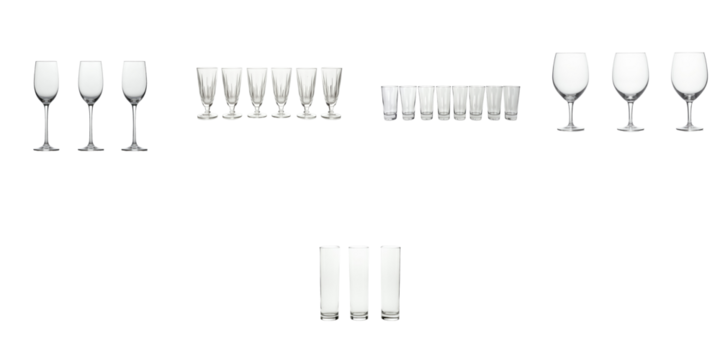 Various glassware types arranged in rows including champagne flutes shot glasses and wine glasses isolated on a transparent background for product display or catalog use