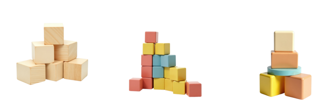 Children's wooden stacking blocks arranged in various formations, isolated on a transparent background, showcasing colorful and natural wood textures