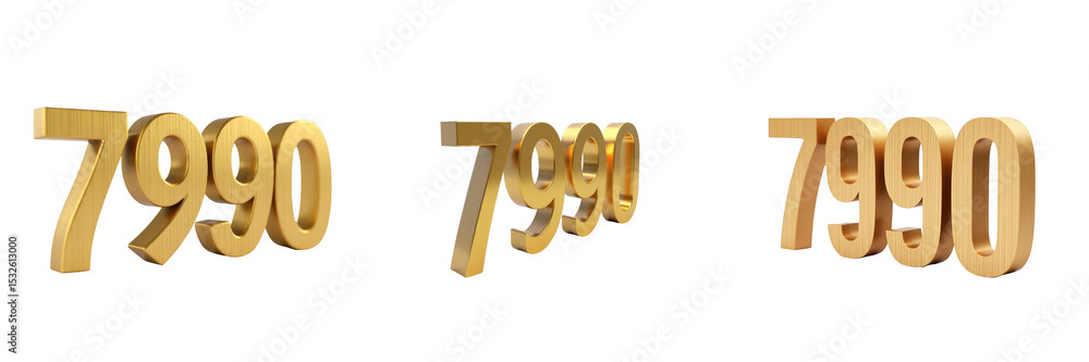 Poster 3d representation of the number 7990 crafted from gold-painted teak 1 centimeter thick isolated on a