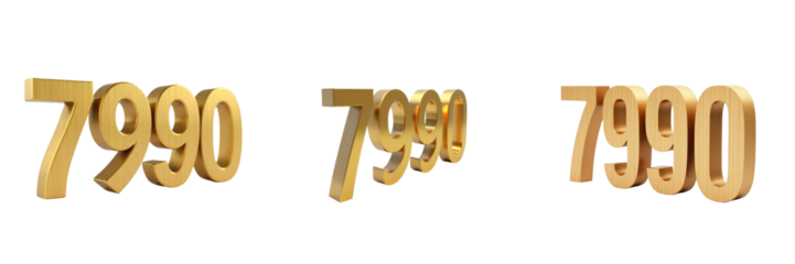 3D representation of the number 7990 crafted from gold-painted teak 1 centimeter thick isolated on a transparent background showcasing multiple angles of view