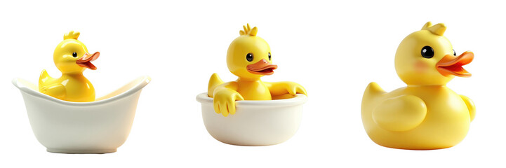 Yellow rubber duck in three positions including one in a white dish against a transparent background, highlighting playful and fun character of bath toys.