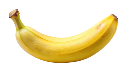 A single ripe yellow banana curved into a gentle arc isolated on a white background showing its peel texture and subtle color variations on transparent background png