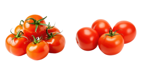 Fresh ripe tomatoes grouped together on a transparent background showcasing vibrant red colors and healthy green stems. Assortment includes varying sizes and shapes for visual interest.