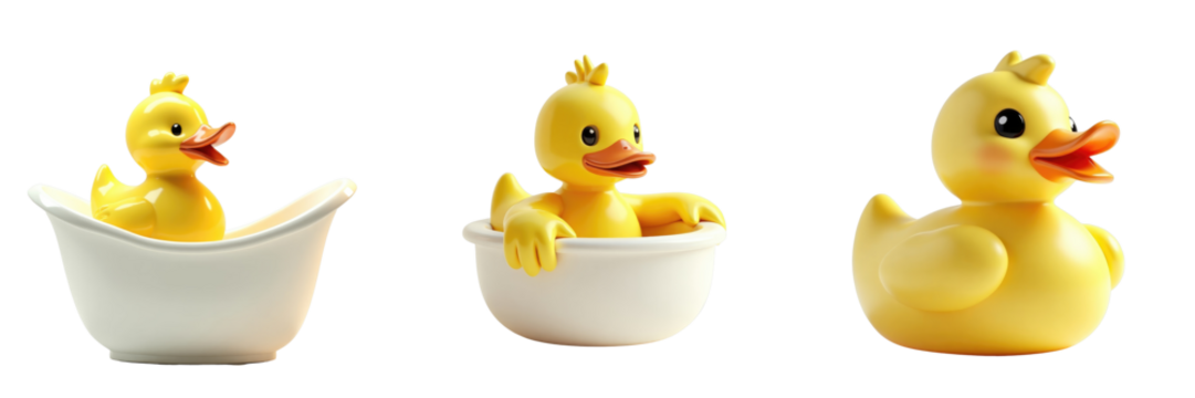 Yellow rubber duck in three positions including one in a white dish against a transparent background, highlighting playful and fun character of bath toys.