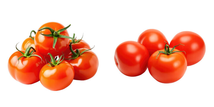 Fresh ripe tomatoes grouped together on a transparent background showcasing vibrant red colors and healthy green stems. Assortment includes varying sizes and shapes for visual interest.