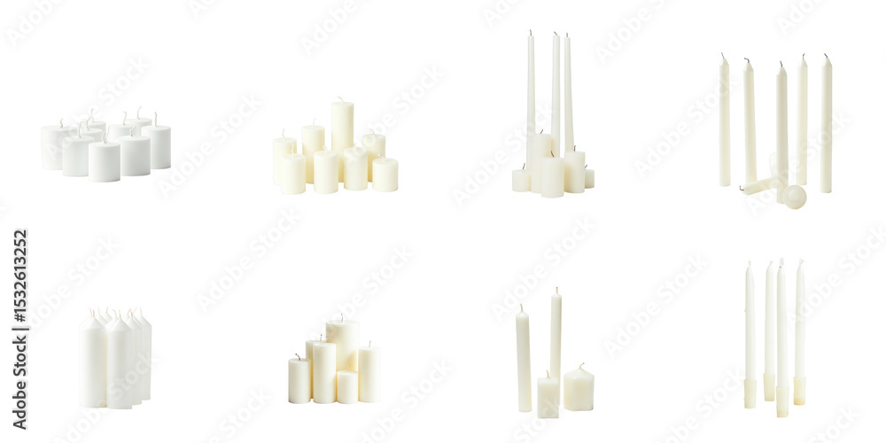 Poster various white candles in different shapes and sizes arranged on a transparent background featuring g