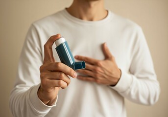 Adult Caucasian male with asthma holding blue inhaler in hand while touching chest, illustrating respiratory health and asthma management concept
