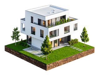 Apartment Building on a Green Landscape with Trees, Transparent  
