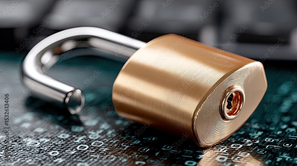 Poster cyan blue background showcases a digital padlock and binary code, emphasizing data protection in cyb