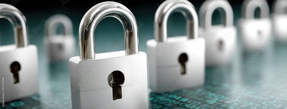 Poster cyan blue background showcases a digital padlock and binary code, emphasizing data protection in cyb