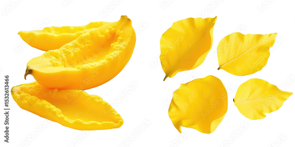 Poster yellowed and wilting papaya leaves with a few pieces of fresh papaya isolated on a transparent backg