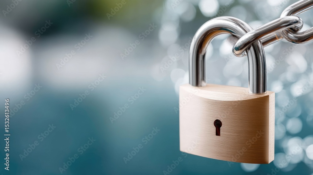 Poster symbolizing cybersecurity, a padlock against a blue backdrop highlights data protection technology w
