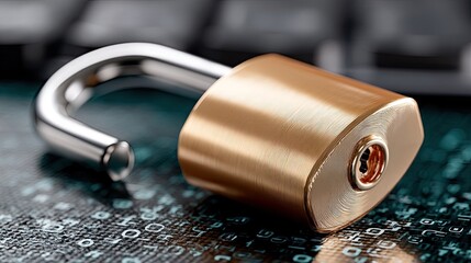 Cyan blue background showcases a digital padlock and binary code, emphasizing data protection in cyber security technology