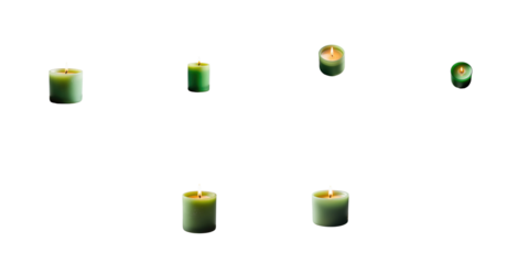 Set of six green candles in various shapes with flickering flames isolated on a transparent background showcasing illumination and soft glow effect.