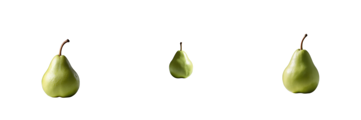Three green pears arranged at varying distances against a solid transparent background, isolated and displayed from different angles for visibility and clarity.