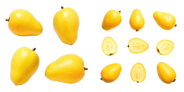 Mangos displayed from multiple angles and perspectives on a transparent background emphasizing their vibrant yellow color and smooth texture.