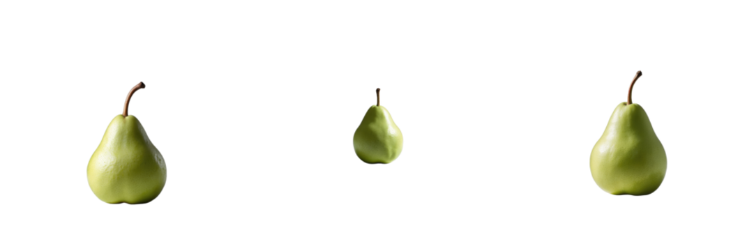 Three green pears arranged at varying distances against a solid transparent background, isolated and displayed from different angles for visibility and clarity.