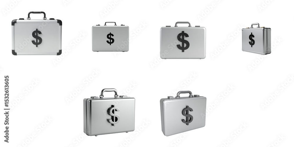 Poster collection of silver briefcases featuring dollar symbols on a transparent background, displayed in v