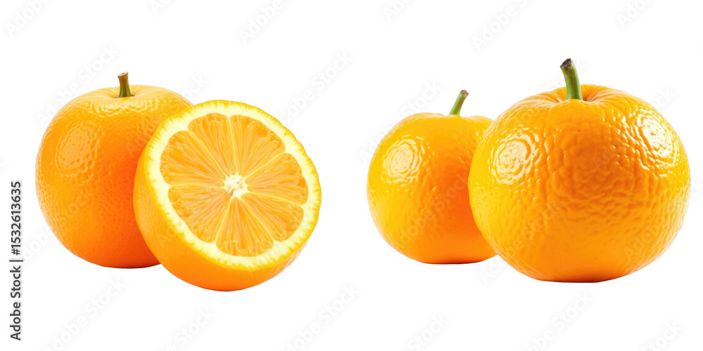 Poster freshly sliced and whole oranges citrus sinensis isolated on transparent background emphasizing vibr