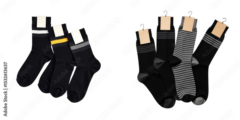 Aufkleber set of three pairs of socks in transparent and gray shades with tags isolated on transparent backgro