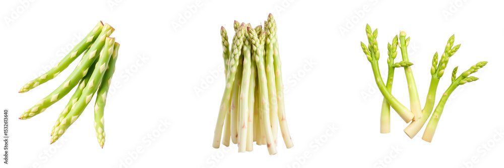 Poster fresh green asparagus spears and stalks arranged in various positions against a transparent backgrou