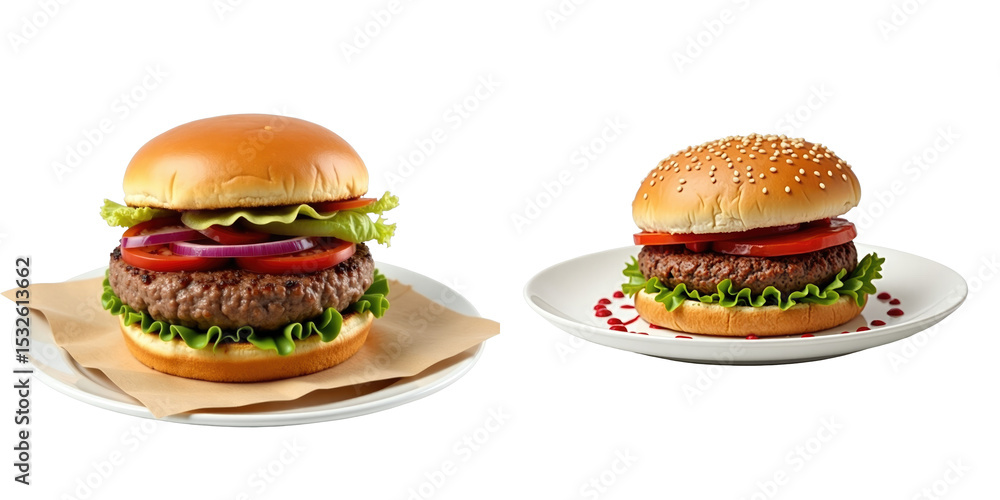 Aufkleber two distinct homemade hamburgers displayed on plates one with sesame seed bun and the other without 