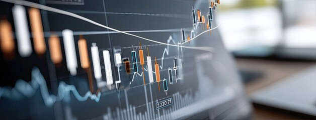 Blue candlestick chart illustrates financial performance and trading data with an abstract graphic design, emphasizing market trends