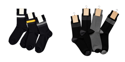 set of three pairs of socks in transparent and gray shades with tags isolated on transparent background featuring solid and striped designs