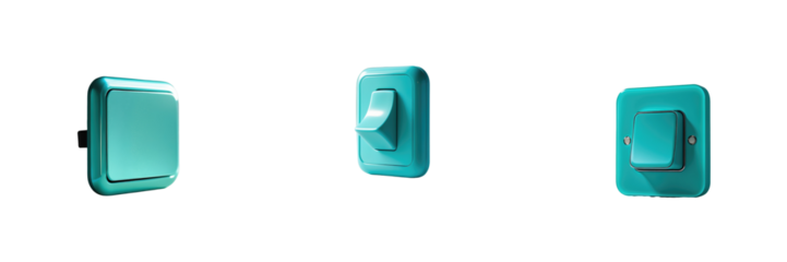 Teal electrical light switches in three different styles isolated on a transparent background showcasing a glossy finish and modern design elements