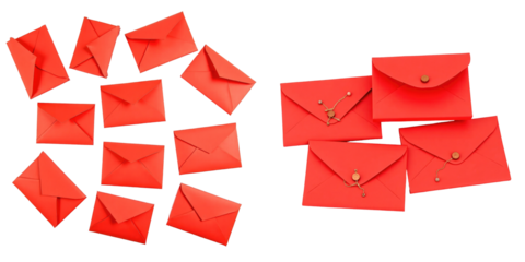 Assorted red envelopes arranged in various sizes and styles isolated on a transparent background for use in digital and print design applications.