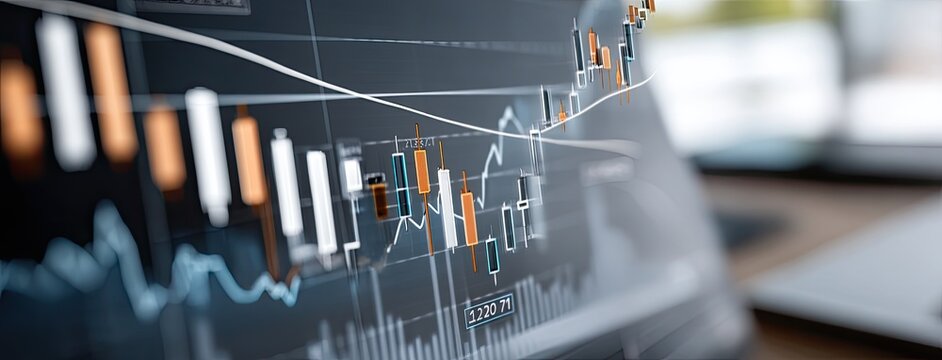 Blue candlestick chart illustrates financial performance and trading data with an abstract graphic design, emphasizing market trends - Powered by Adobe