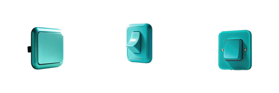 Teal electrical light switches in three different styles isolated on a transparent background showcasing a glossy finish and modern design elements