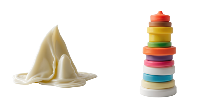 Assorted colorful plasticine shapes including a stacked arrangement of circular discs and a wavy mound on a transparent background highlighting texture and detail