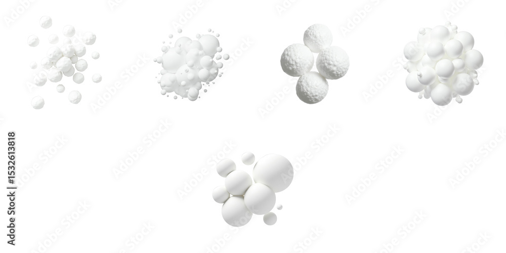 Poster collection of various white foam bubbles in different sizes and shapes isolated on a transparent bac