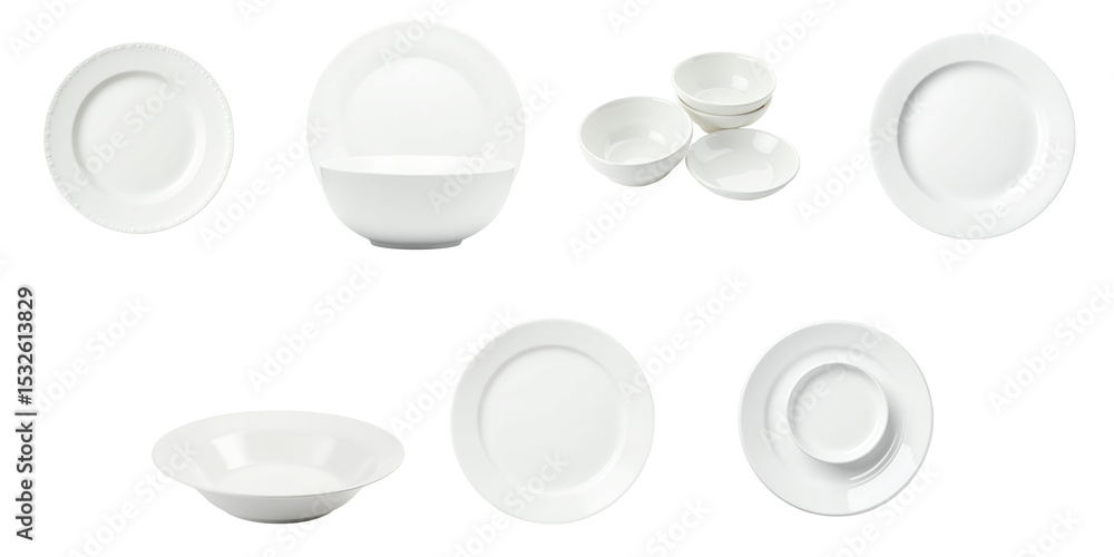 Poster assorted white ceramic dishes including plates and bowls arranged systematically on a transparent ba