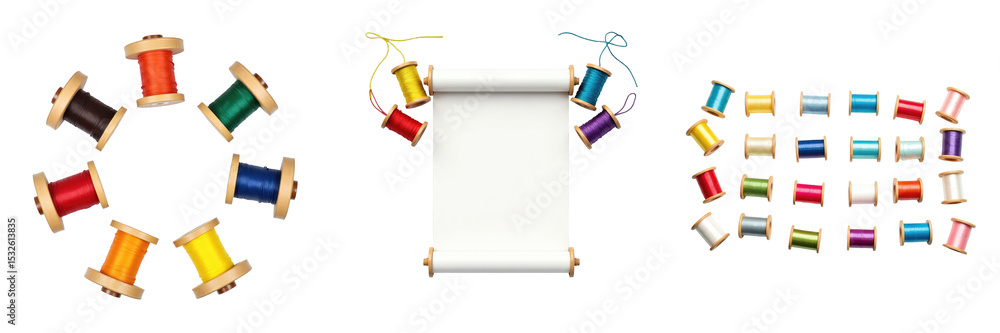 Poster arrangement of multicolored spools of thread alongside a blank scroll on a solid transparent backgro