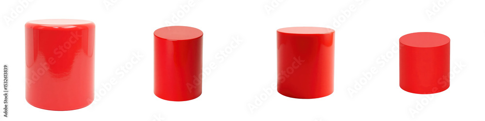 Poster set of four shiny red cylindrical blocks of varying heights isolated on a transparent background wit