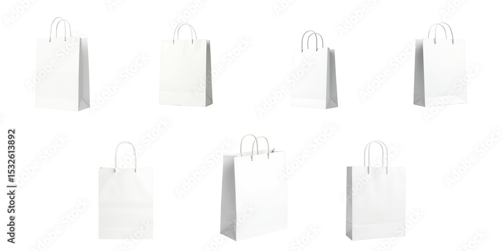 Poster set of eight white paper bags with handles displayed from various angles, isolated on a transparent 