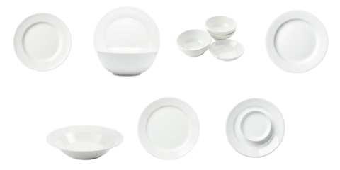 Assorted white ceramic dishes including plates and bowls arranged systematically on a transparent background showcasing their shapes and sizes with high visibility.
