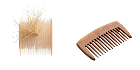 Hair comb with hair loss visible on bristles alongside a wooden hair comb isolated on a transparent background with transparent elements for clear presentation of object details.