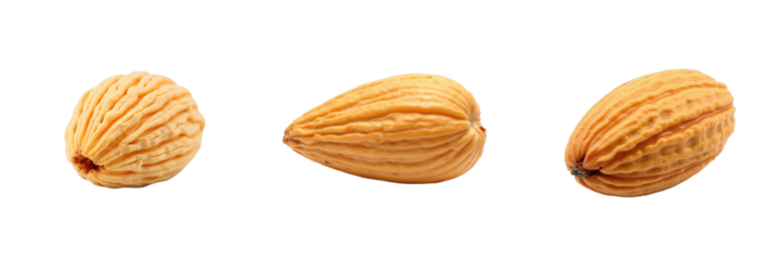 Macro shot of three whole almonds with textured shell isolated on a transparent background displaying unique shapes and natural characteristics of the nuts.