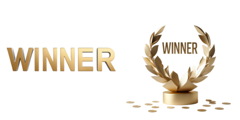 Gold winner text with laurel wreath on a pedestal surrounded by coins isolated on transparent background for award recognition or achievement design themes.